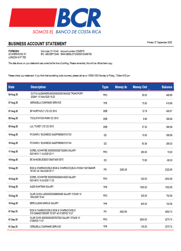 Costa Rica La Banque du Costa Rica Organisme bancaire Relevé de compte courant Format Word et PDF